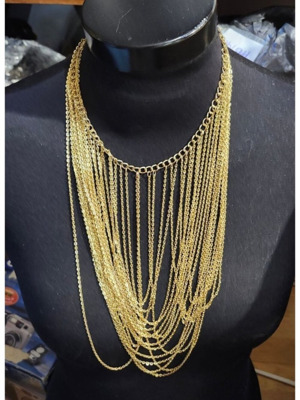 1970S Studio 54 Style Waterfall Bib Gold Tone Necklace Disco Statement Jewelry